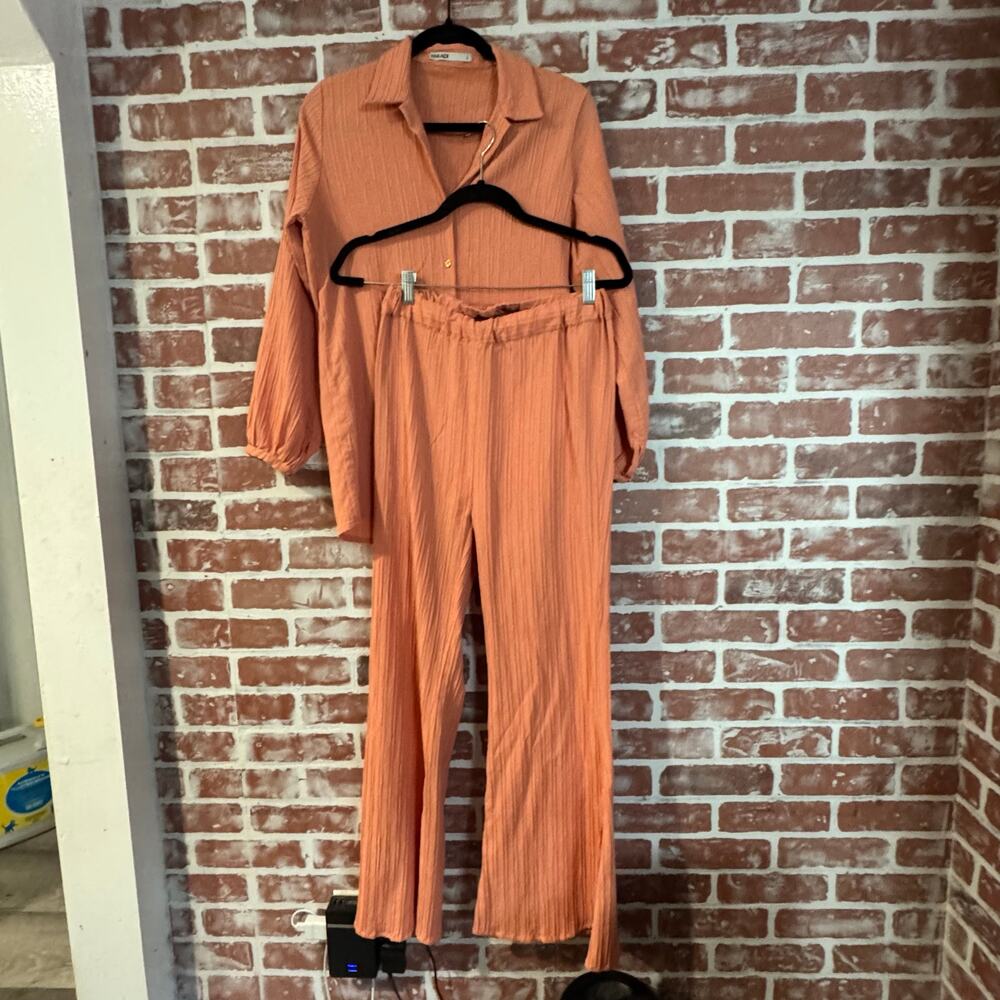 Khaadi Crinkle Textured Lounge Set Orange Balloon Sleeve Wide Leg S